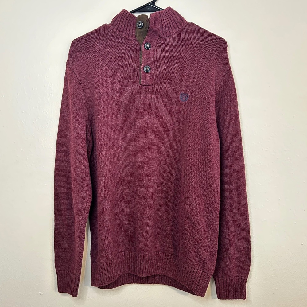 CHAPS Mens Maroon Mock Neck Sweater Button Accent Elbow Patches M‎ Grandpa Core